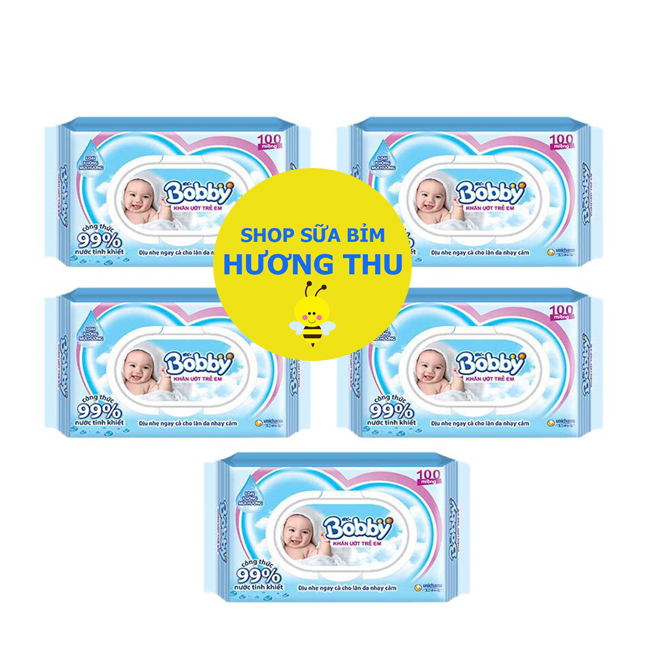 Bộ 5 gói khăn giấy ướt Bobby không mùi dành cho trẻ em gói 100 tờ (Loại có nắp)