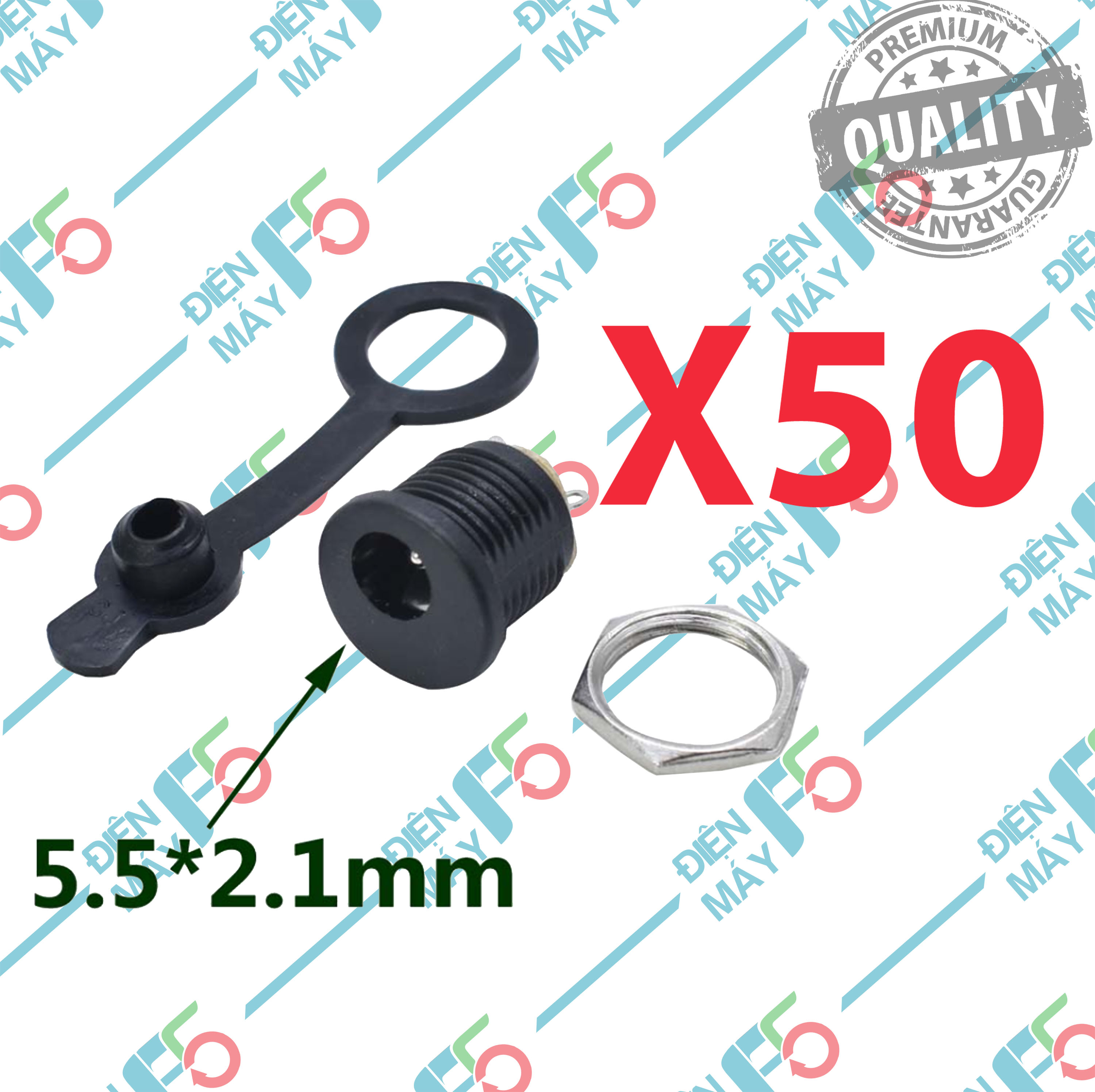 Dmf5 combo 50 giắc , jack sạc dc có nút cao su, giắc cái size 5.5x2.1mm, lỗ khoan 10mm