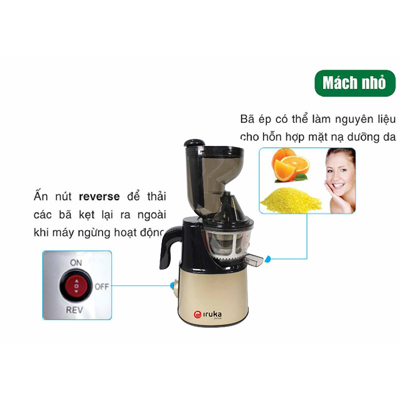 Máy ép chậm miệng rộng Iruka I-52, , trang bị 2 cối ép và nghiền, lưới lọc chuyên nghiệp, cối ép miệng rộng nguyên trái, hoạt động không ồn, dễ dàng lắp ráp và vệ sinh, công suất 150W, bảo hành chính hãng 30 tháng