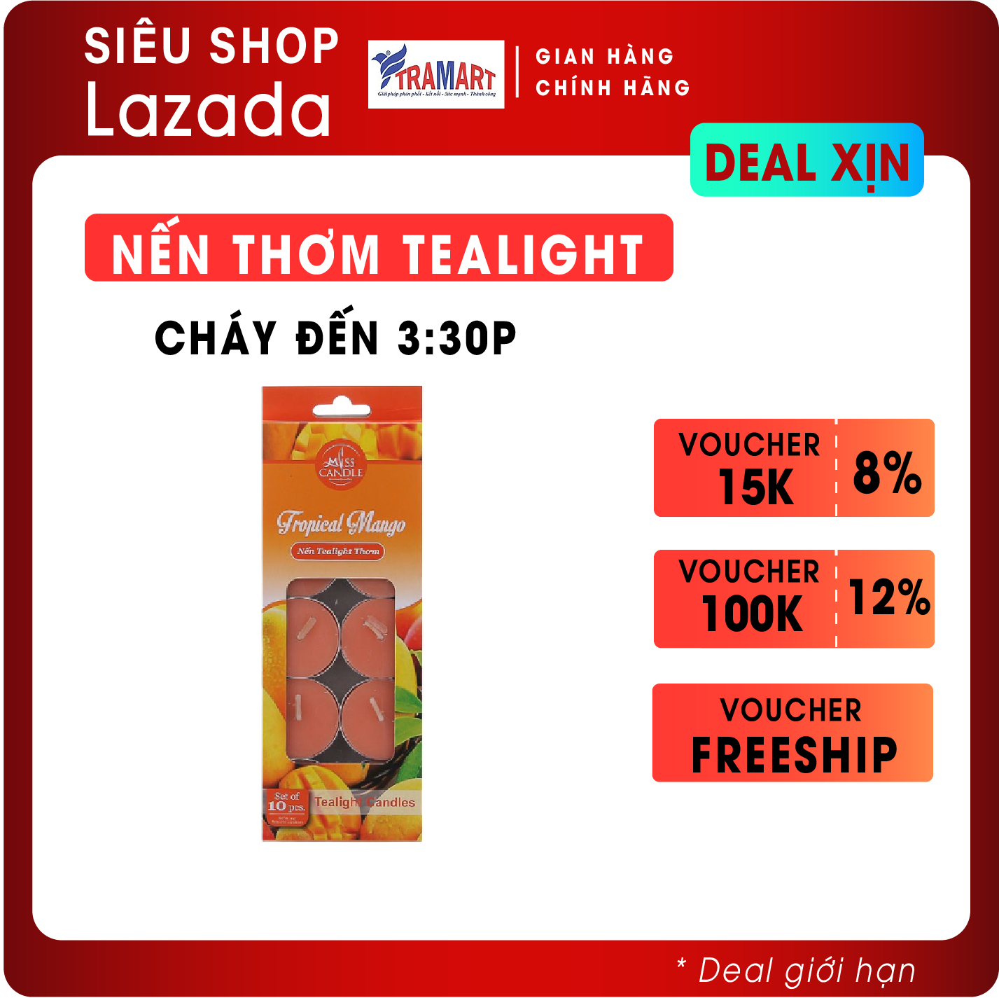 Nến thơm tealight Miss Candle FtraMart EDC0368 Tropical Mango chất liệu sáp paraffin không khói an toàn giúp xông tinh dầu thơm phòng và trang trí nhà cửa hoặc làm quà tặng
