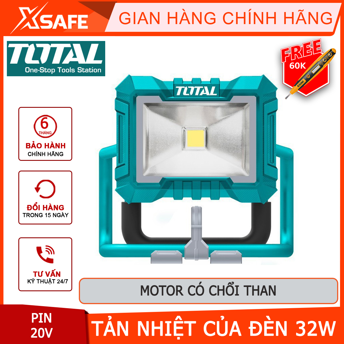 Đèn led làm việc 20V Total TFLI2002 Đèn led công trình pin: 20V / 2.0AhCông suất tản nhiệt đèn led: 32WĐộ sáng cao: 1500 lumensĐộ sáng thấp: 750 lumens ánh sáng chiếu rộng, pin sạc nhanh, ít hao pin