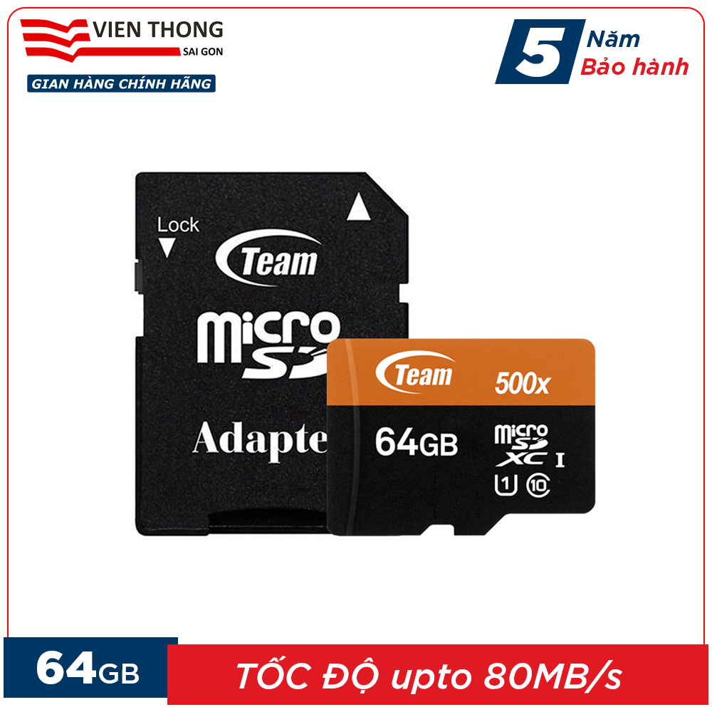 Thẻ nhớ 64GB micro SDXC Team Group 500x upto 80MB/s class 10 UHS-I kèm Adapter - Hãng phân phối chính thức (Đen - cam)