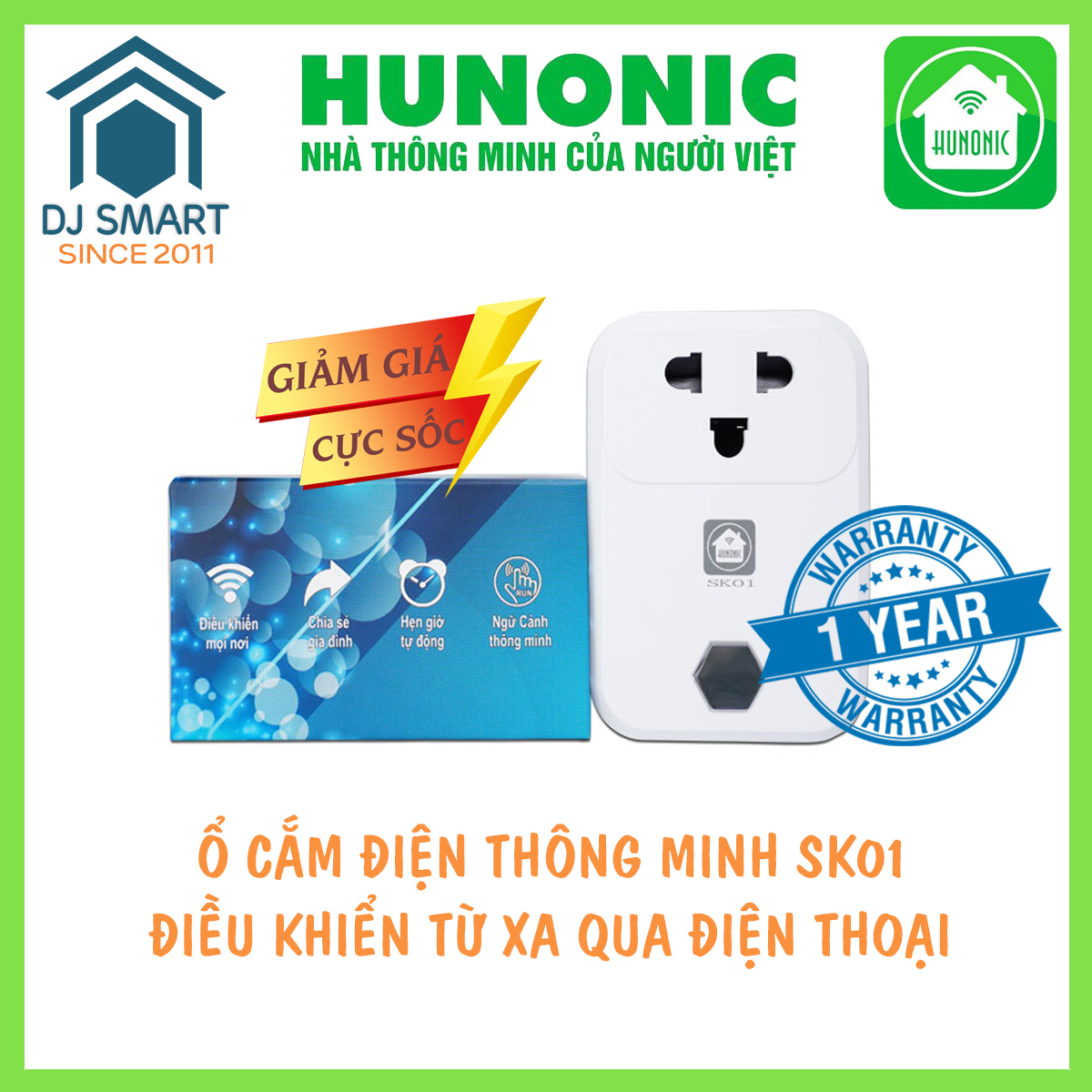 Ổ cắm điện wifi thông minh Hunonic SK01 điều khiển từ xa bằng điện thoại, hẹn giờ tự động, điều khiển qua giọng nói, công suất lớn 4000W