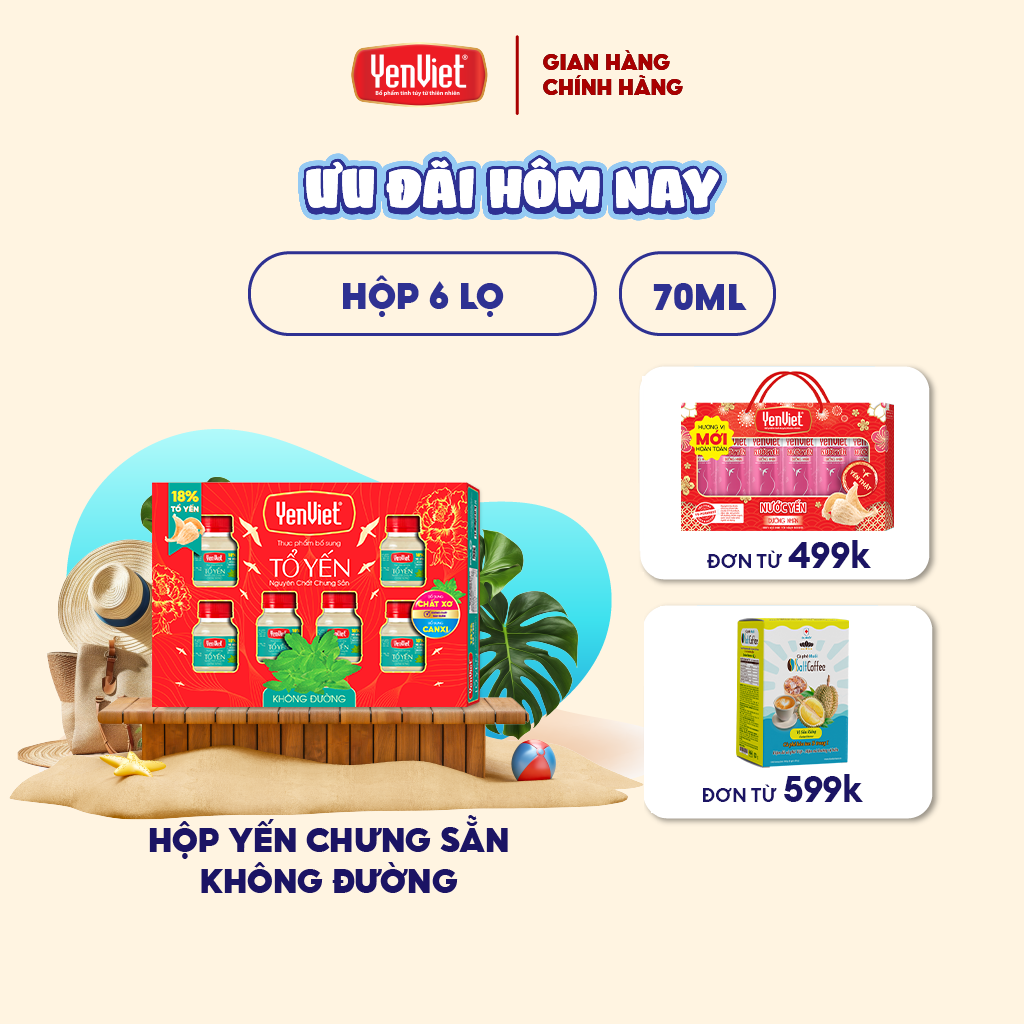  Yến sào Yến Việt chưng sẵn không đường 18% tổ yến vị ngọt thanh từ cỏ ngọt phù hợp cho người ăn kiêng 6 lọx70ml 