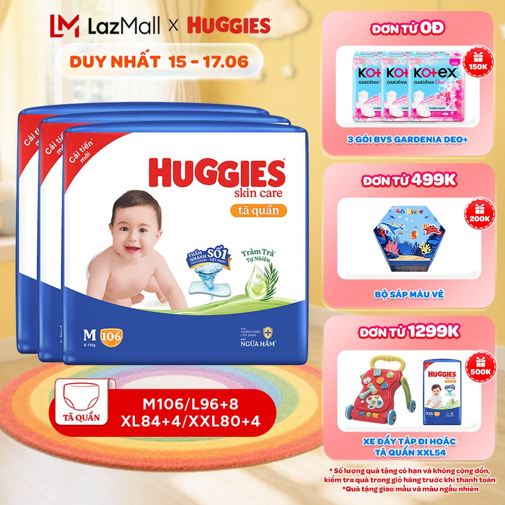 Combo 3 gói Tã quần Huggies Skincare Mega Jumbo M106/L100+4/XL84/XXL76 với tràm trà dịu da