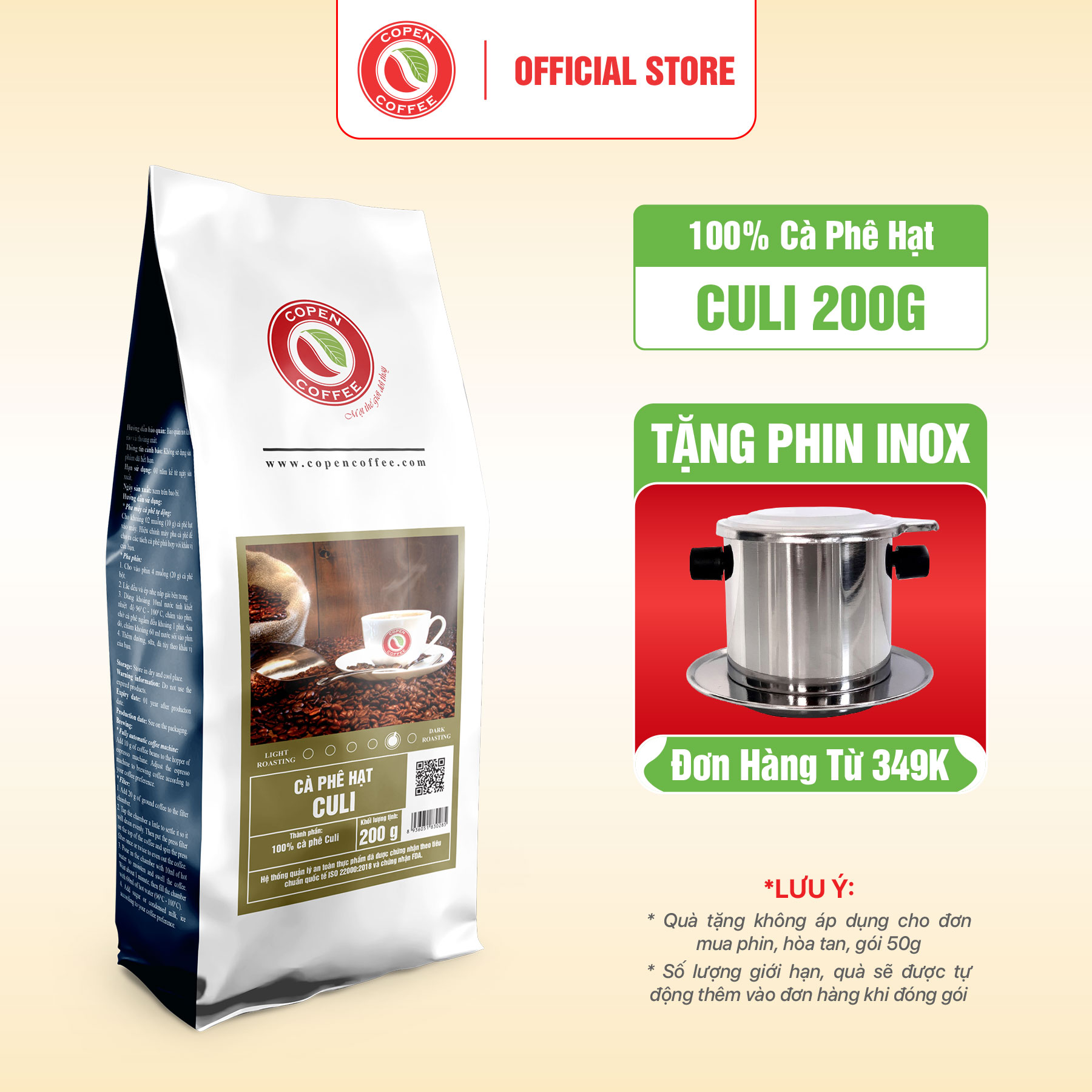 Cà Phê Hạt Culi Copen Coffee Rang Mộc Nguyên Chất - Pha Espresso, Pha Phin - Đắng Đậm, Thơm Nồng, Hậu Vị Sâu (Gói 200G)