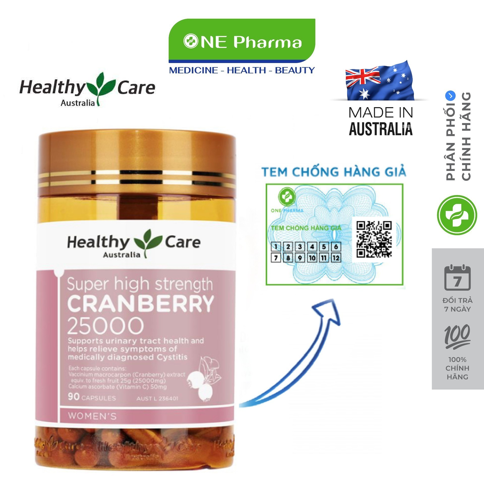 Viên uống hỗ trợ đường tiết niệu healthy care cranberry 25000mg 90 viên