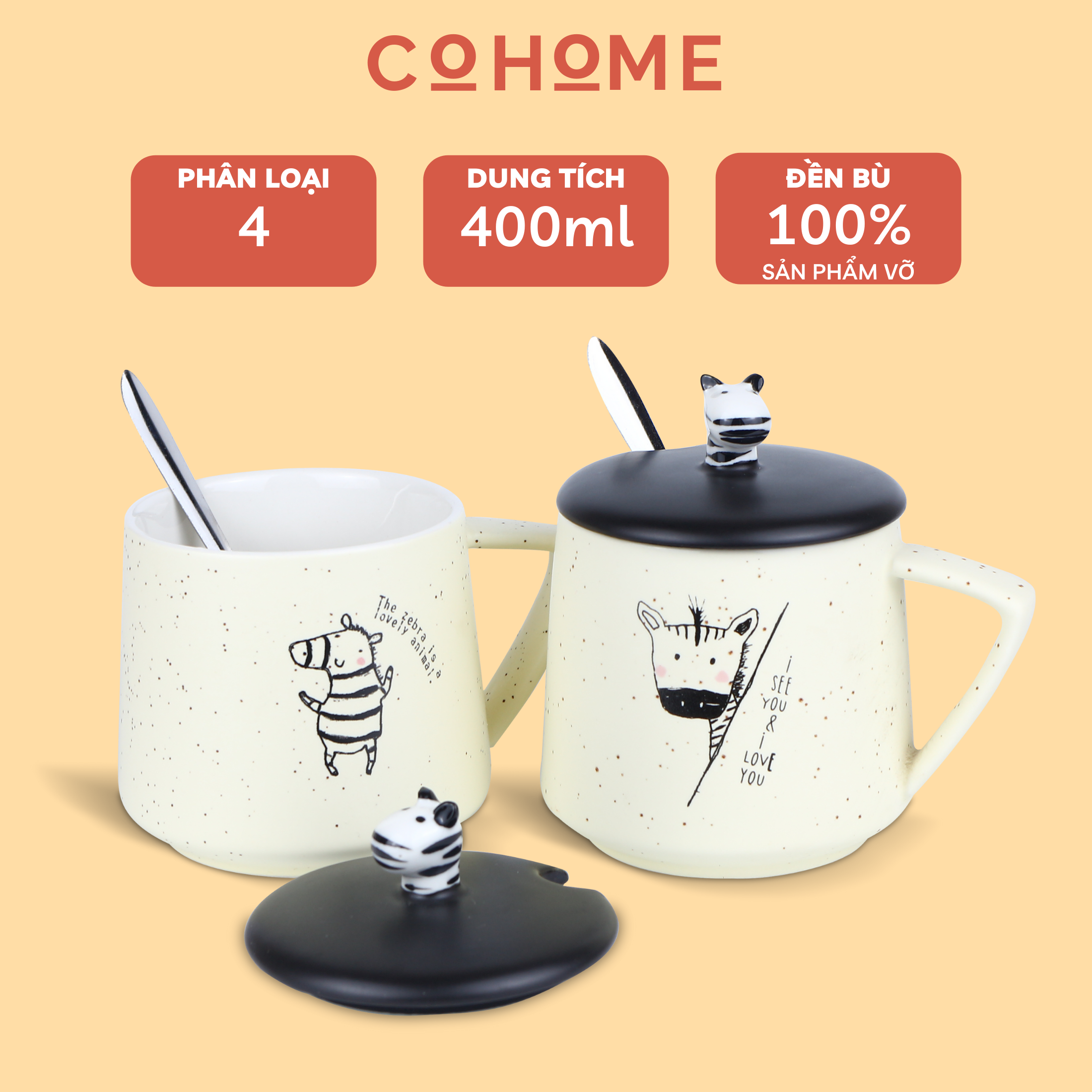 Cốc sứ có nắp hình ngựa vằn dễ thương, chất liệu gốm sứ cao cấp,dung tích 400ml, phù hợp làm quà tặng, đồ decor