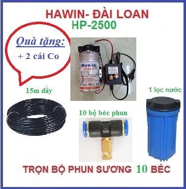 Bộ máy phun sương TƯỚI LAN Đài Loan 10 béc đế nhựa hoàn chỉnh TẶNG 2 CÁI CO