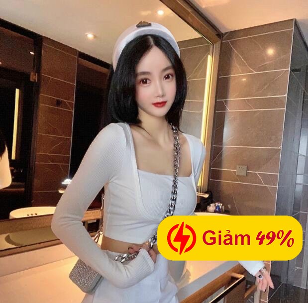 Áo thun gân cổ vuông tạo kiểu giả kèm ống tay dài croptop ttvv0028