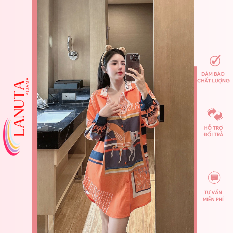 Váy sơ mi suông dáng dài thiết kế xinh đẹp lụa ngủ cao cấp LANUTA MN