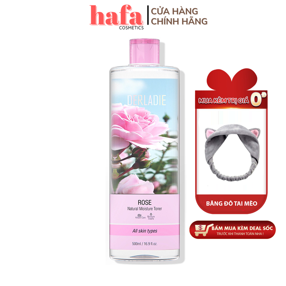 [XẢ HÀNG] Nước Hoa Hồng Dưỡng Ẩm, Phục Hồi Da Derladie Rose Natural Moisture Toner 500ml + Tặng Băng Đô Tai Mèo
