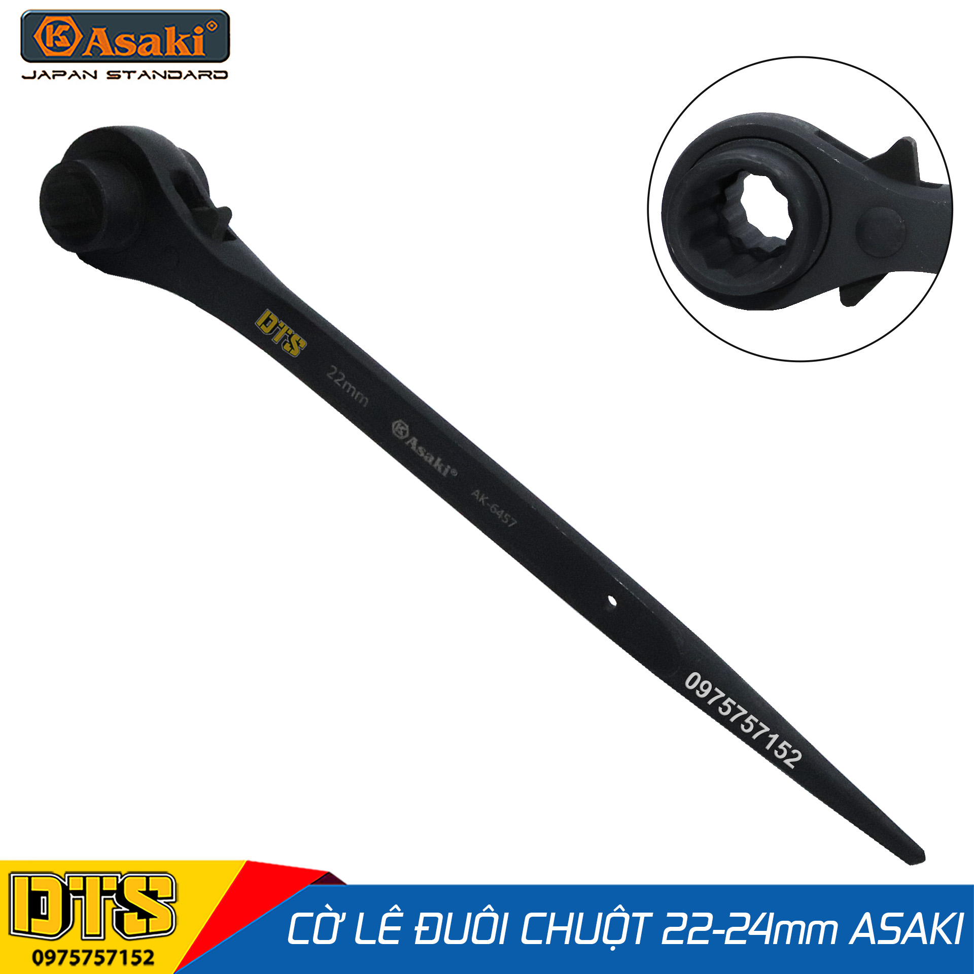 Cờ lê đuôi chuột cao cấp 22-24 mm Asaki AK-6457, cờ lê giàn giáo 2 đầu tuýp tự động thép Chrome Vanadium, công tắc đảo chiều, clê tuýp giàn giáo đa năng