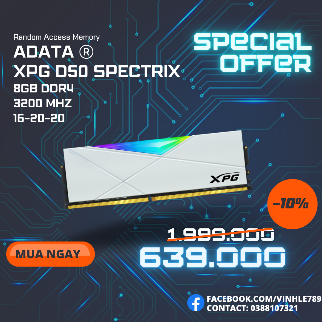 Ram Adata XPG Spectrix D50 RGB 8GB 1x8GB DDR4 3200Mhz