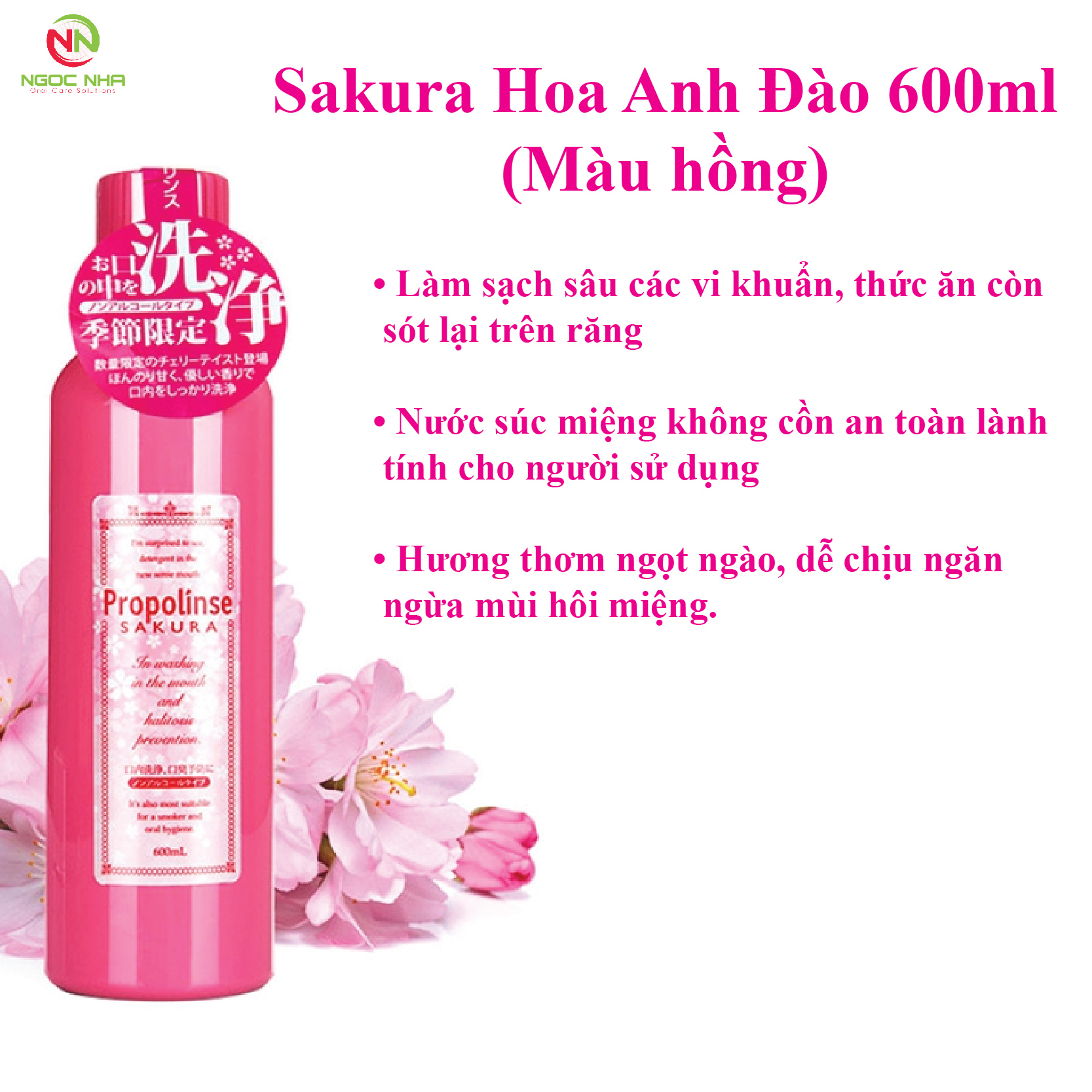 Nước súc miệng Propolinse Sakura chiết xuất hoa anh đào 600ml không cồn - Hàng nhập khẩu Nhật Bản chính hãng