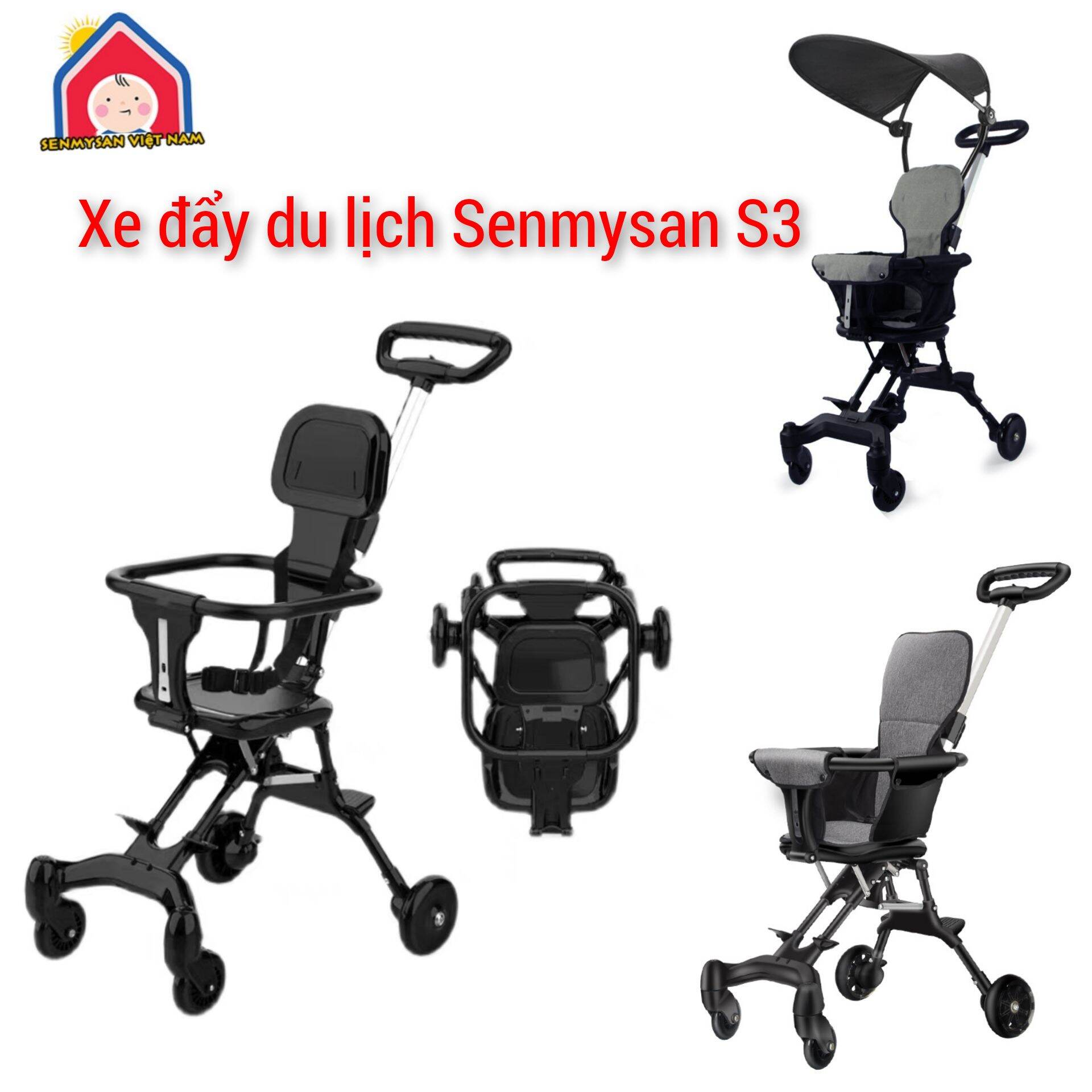 Xe đẩy du lịch 2 chiều gập gọn S3 có mái che nệm bánh xoay 360 có khóa bánh an toàn