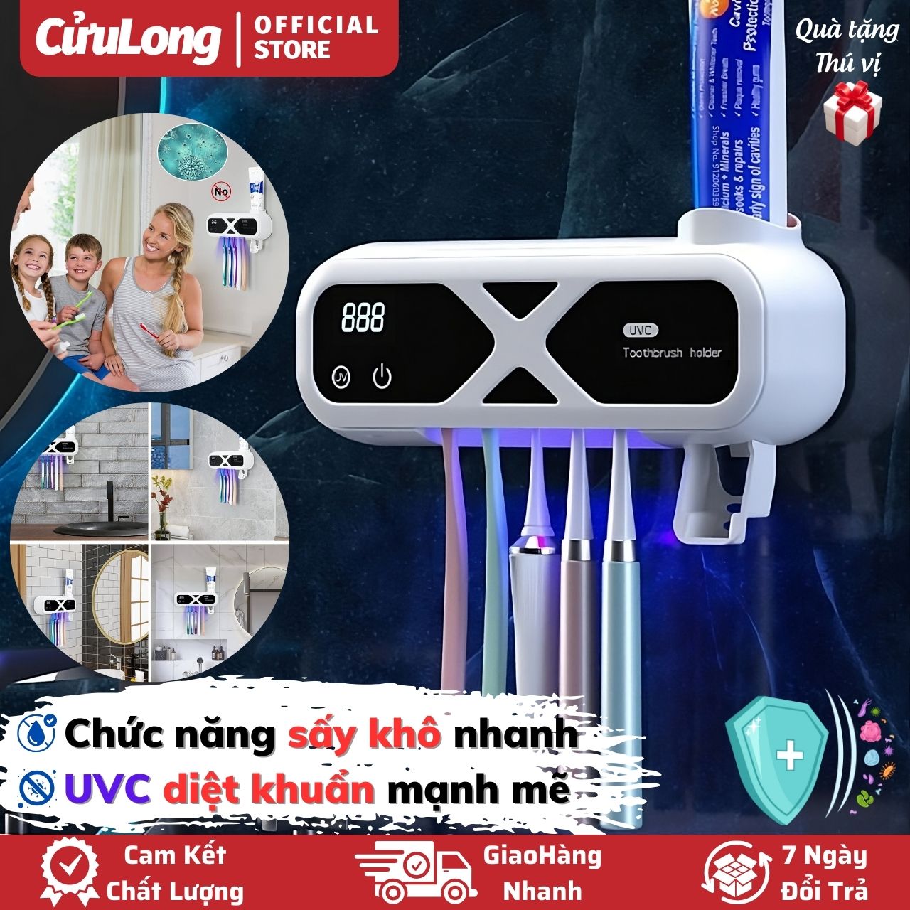 Giá Treo Bàn Chải Đánh Răng UV diệt khuẩn dụng cụ hộp lấy kem đắng răng tự động thông minh kệ 5 bàn chải