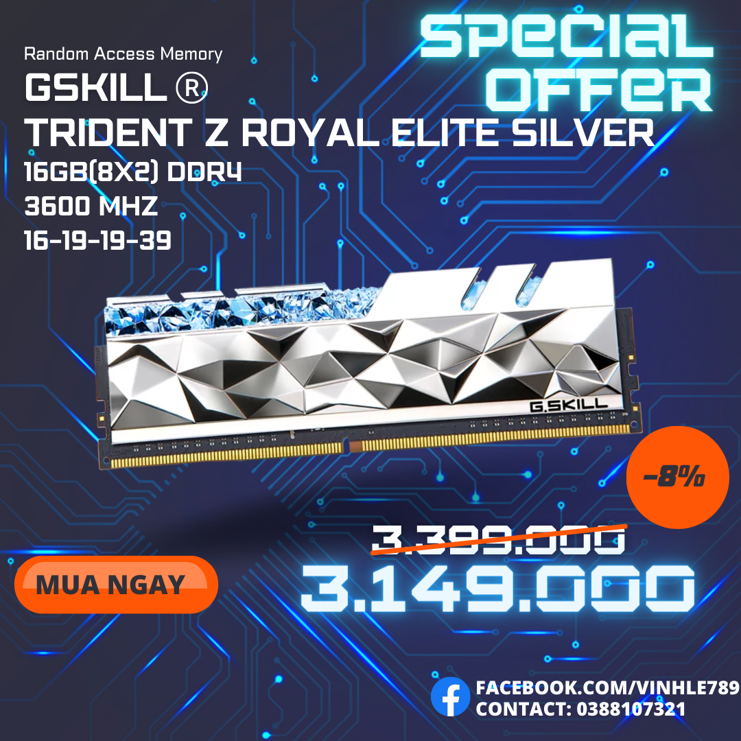 Ram G.SKILL Trident Z Royal ELITE Silver RGB 16GB 3600MHz DDR4F4-3600C16D