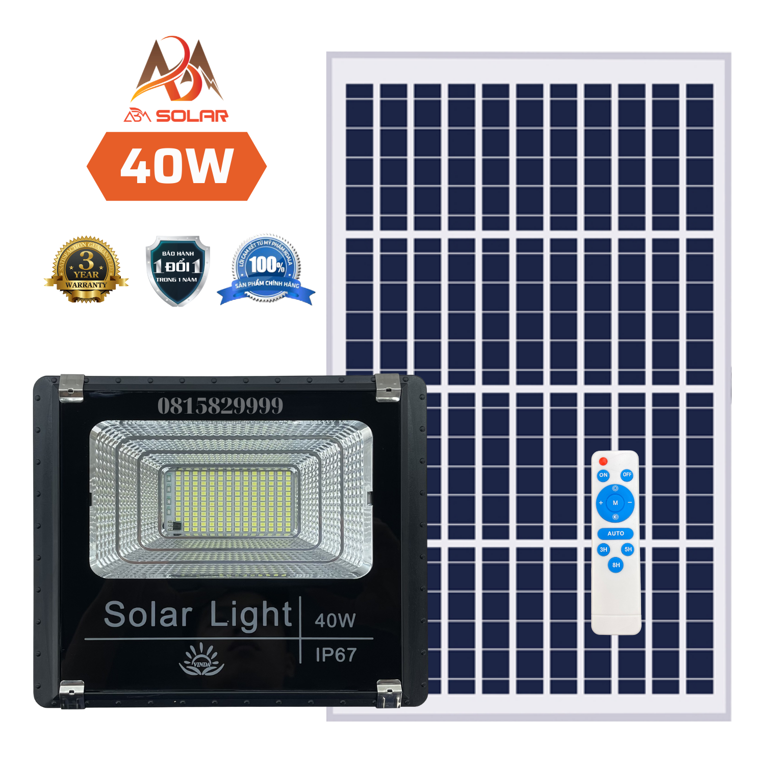 Đèn năng lượng mặt trời 40w, đèn pha led, tấm pin rời, chống nước , kính cường lực solar light vinda - abm solar
