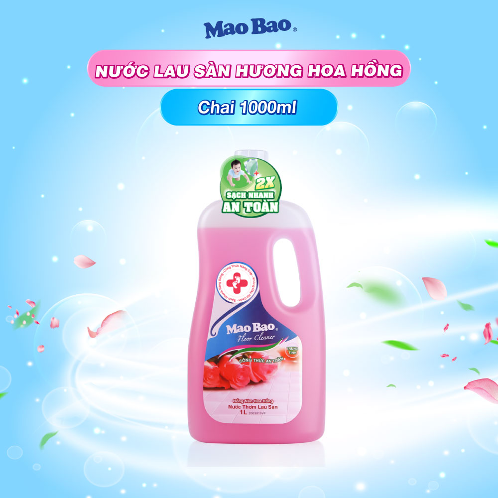 Nước Lau Sàn Mao Bao Hương Hoa Hồng Chai 1L, diệt khuẩn, khử mùi hôi, ẩm mốc, không gây rít chân, sàn nhà sạch nhanh sáng bóng, an toàn cho da bé, hương thơm nồng nàn