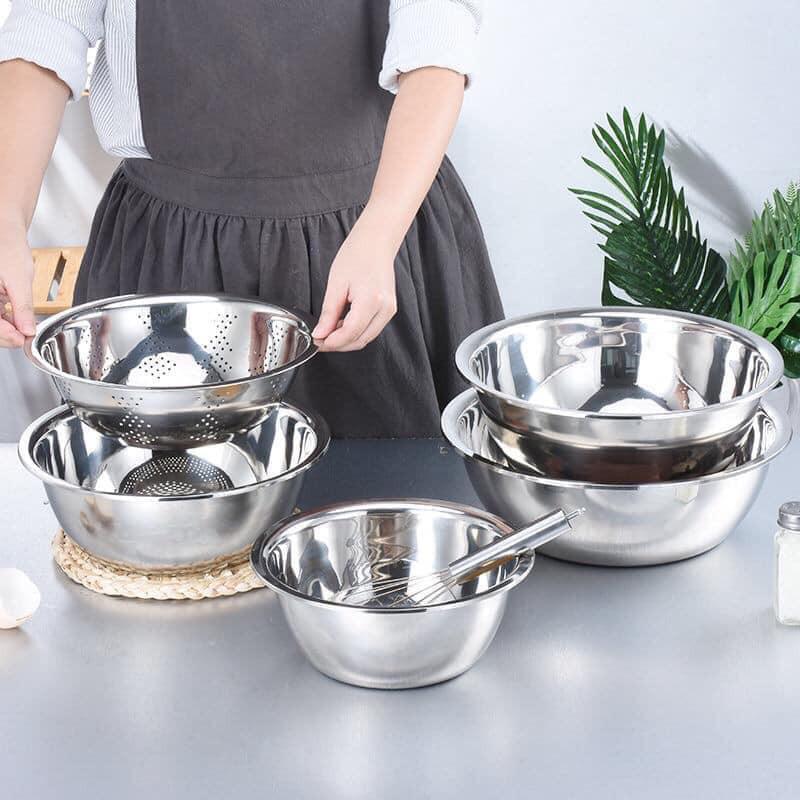 Chậu rổ Inox - Bộ 5 chiếc rổ tô chậu, rổ inox 18-26cm, Rổ inox đựng rửa đồ, thực phẩm, chậu inox giá rẻ, rổ inox kèm chậu combo 5 chiếc.