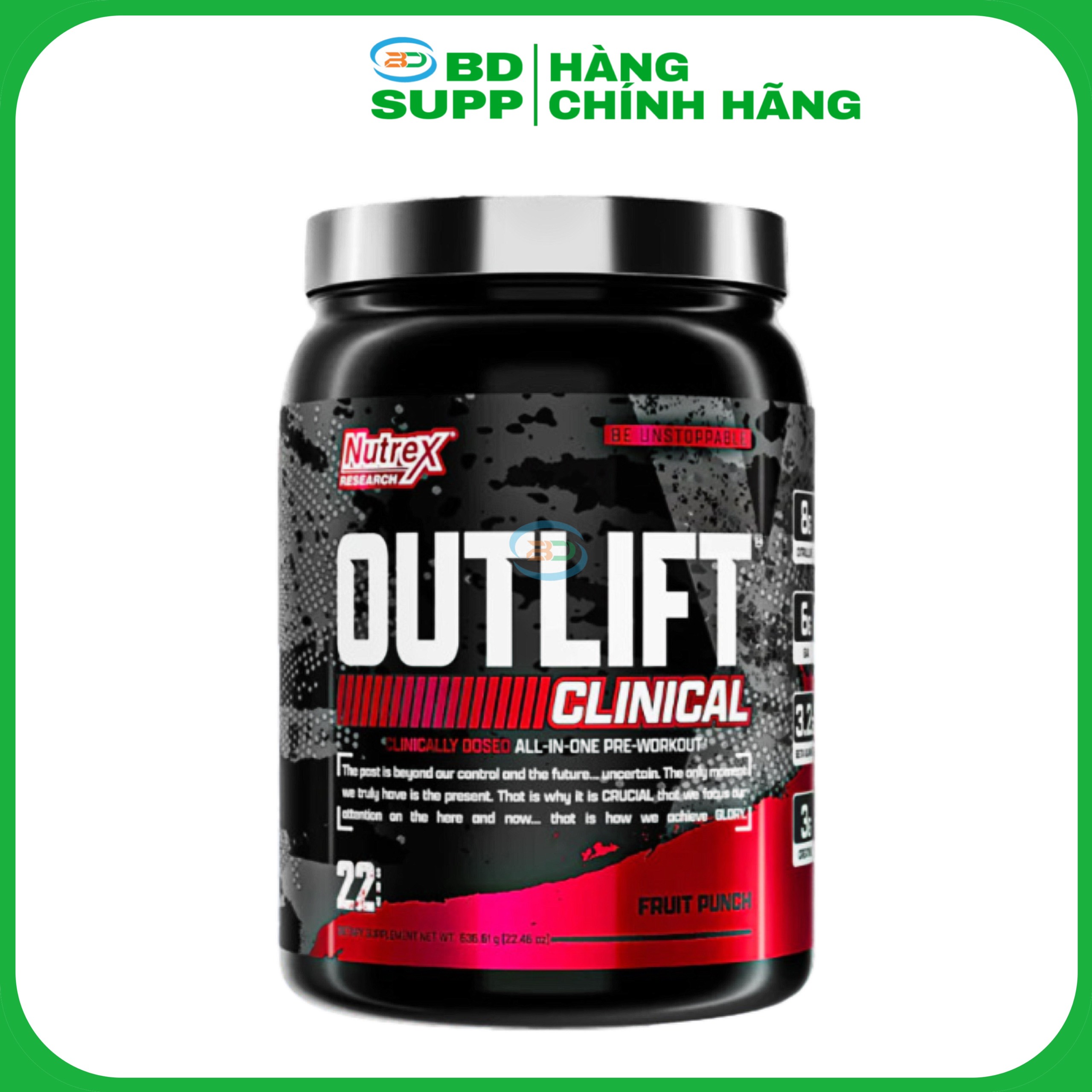 Nutrex Outlift Clinical Pre-Workout 22sv, Tăng Sức Mạnh Sức Bền, Năng Lượng Trước Tập, Citrulline, BCAA, Creatine, Beta-Alanine, Taurine
