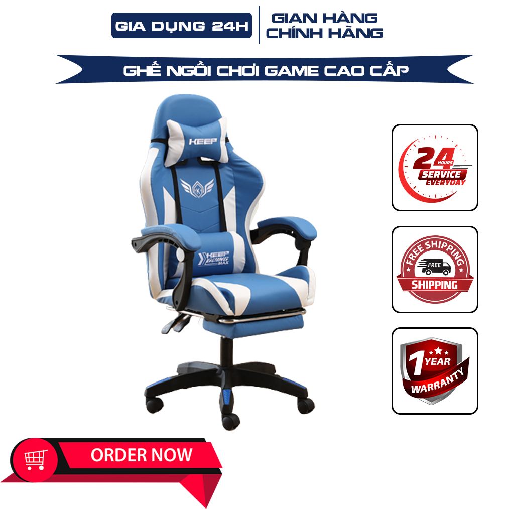 Ghế gaming cao cấp, ghế ngồi máy tính, livestream tặng gối đầu và gối massage, ngả lưng, gác chân dành cho game thủ hoặc dân văn phòng ngồi lâu