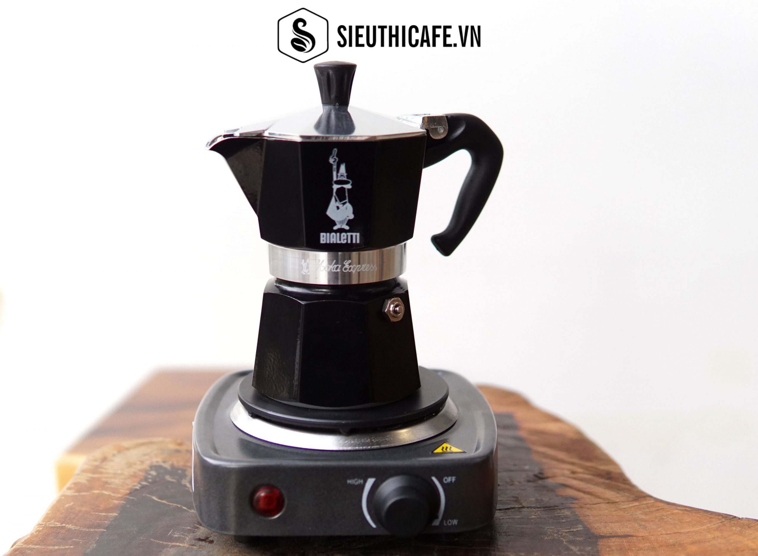 Combo ấm nấu cà phê bialetti moka express màu đen 3 ly và bếp điện nấu moka pot
