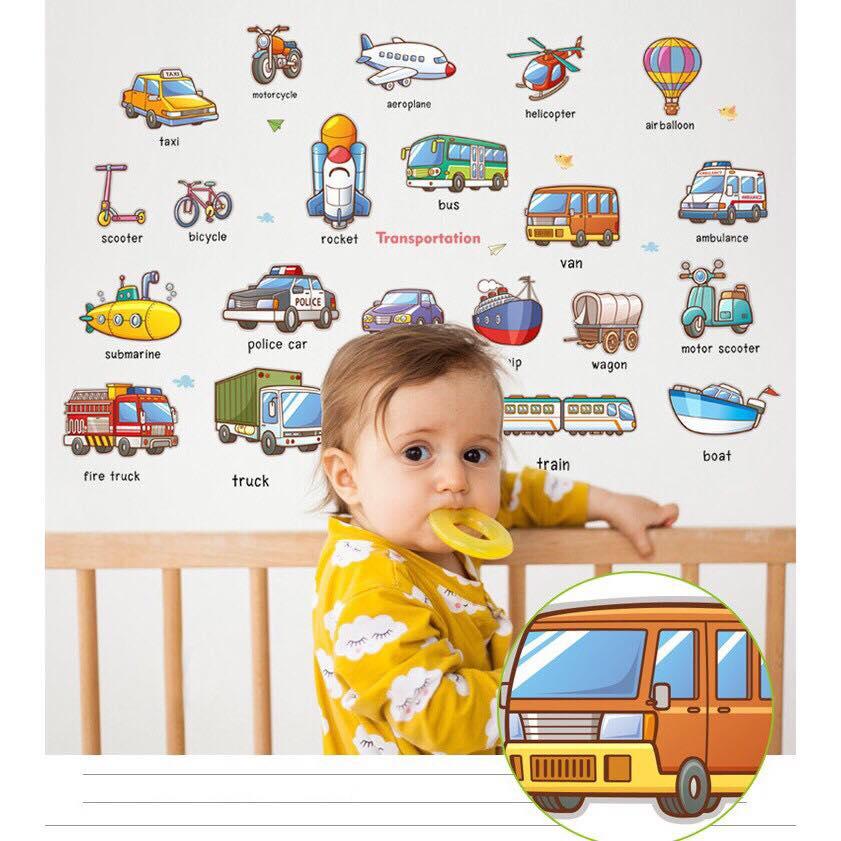 Decal dán tường mẫu phương tiện giao thông kèm tiếng anh cho bé học hỏi