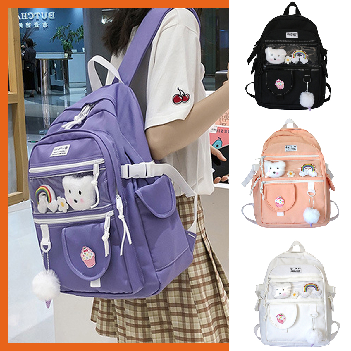 Balo ulzzang nữ có ngăn trong suốt (EP34), balo thời trang nữ đi học, ba lô học sinh trung học kiểu Hàn