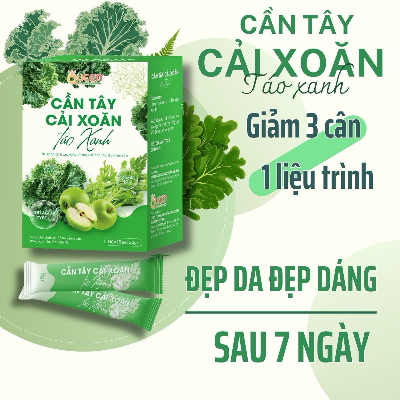 Bột Cần Tây Cải Xoăn Táo Xanh - Giảm Cân, Giảm Mỡ Bụng Đẹp Da, Tốt Cho Tim Mạch, Detox Cơ Thể, Bổ Sung Vitamin, Chất Xơ 15 gói
