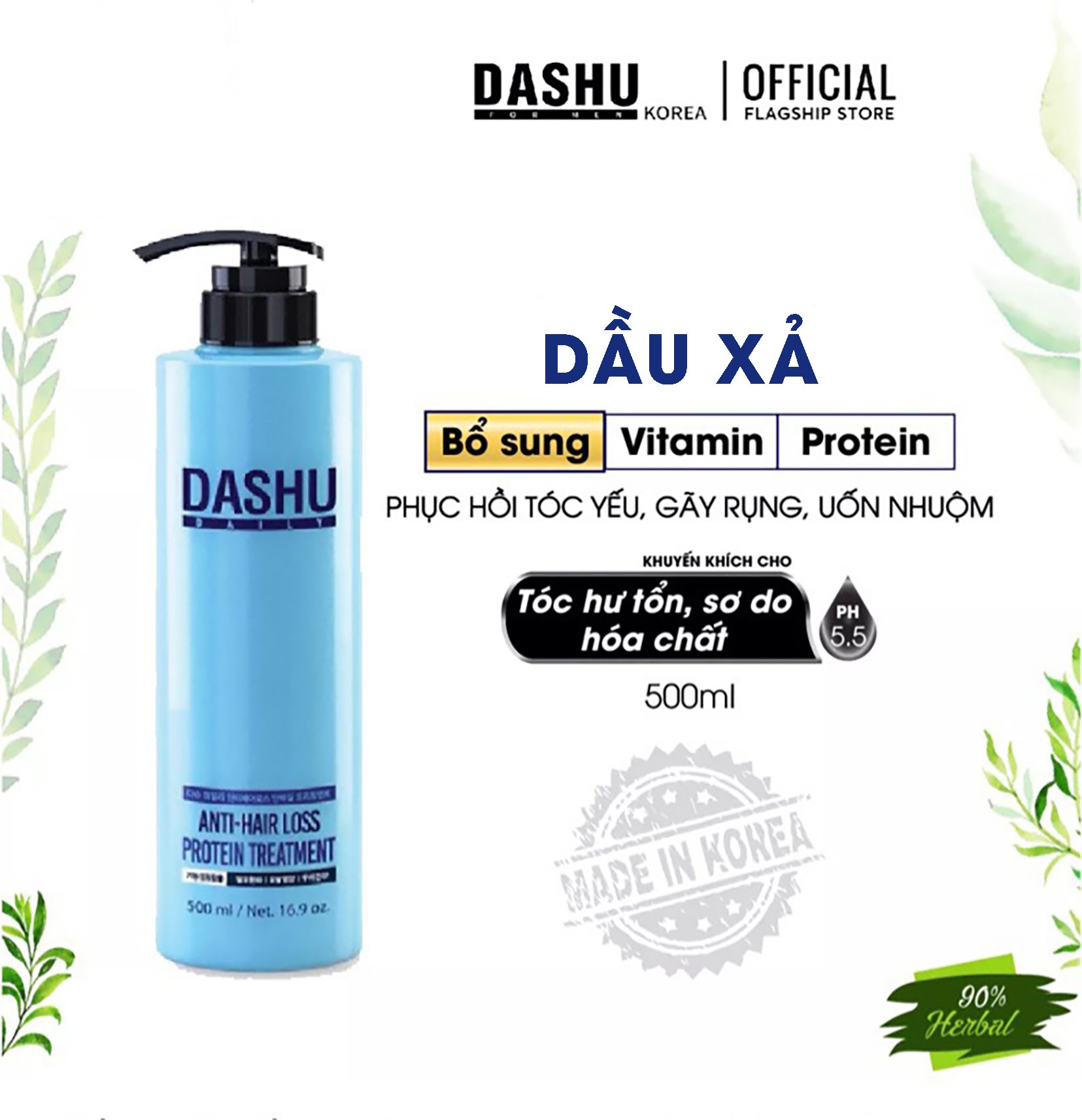 Dầu xả ngăn rụng tóc và chăm sóc da đầu Dashu Daily Anti-Hair Loss Protein Treatment 500ml, dau xa thao duoc han quoc bổ sung Protein, phục hồi tóc uốn, nhuộm, tóc rối, yếu, gãy rụng, hư tổn nhiều, tóc khỏe bóng mượt tự nhiên