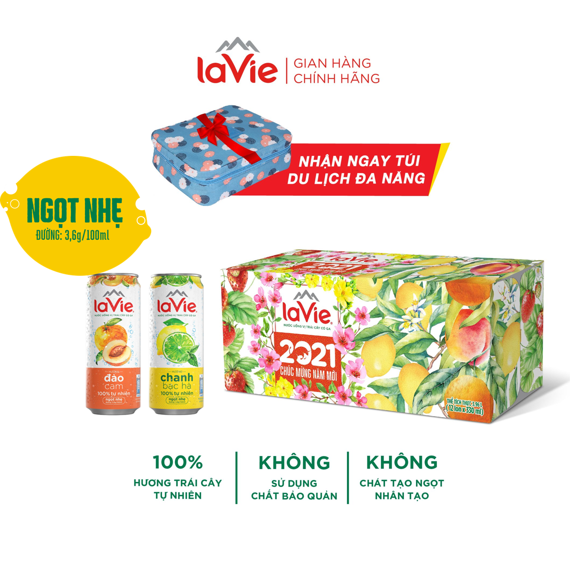 [Freeship Max + Qùa tặng cao cấp] [CBH-CĐ] Thùng 12 lon Nước uống vị trái cây có ga La Vie - Chanh Bạc Hà & Đào Cam (12 lon x 330ml/lon)