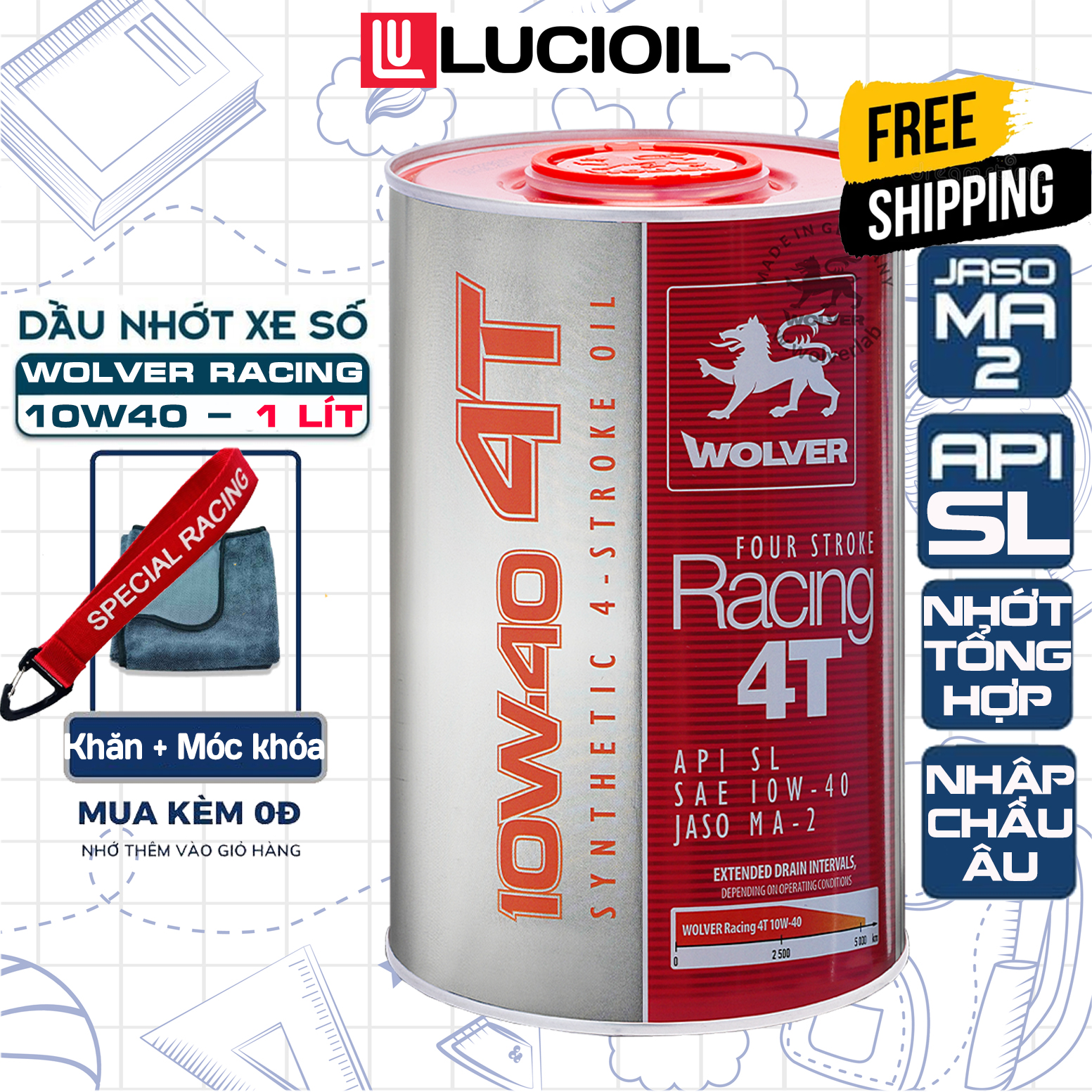 Nhớt Wolver Racing 10W40 (1 Lít), Nhớt Xe Máy Tổng Hợp Nhập Khẩu Châu Âu, Máy Êm, Tiết Kiệm Xăng