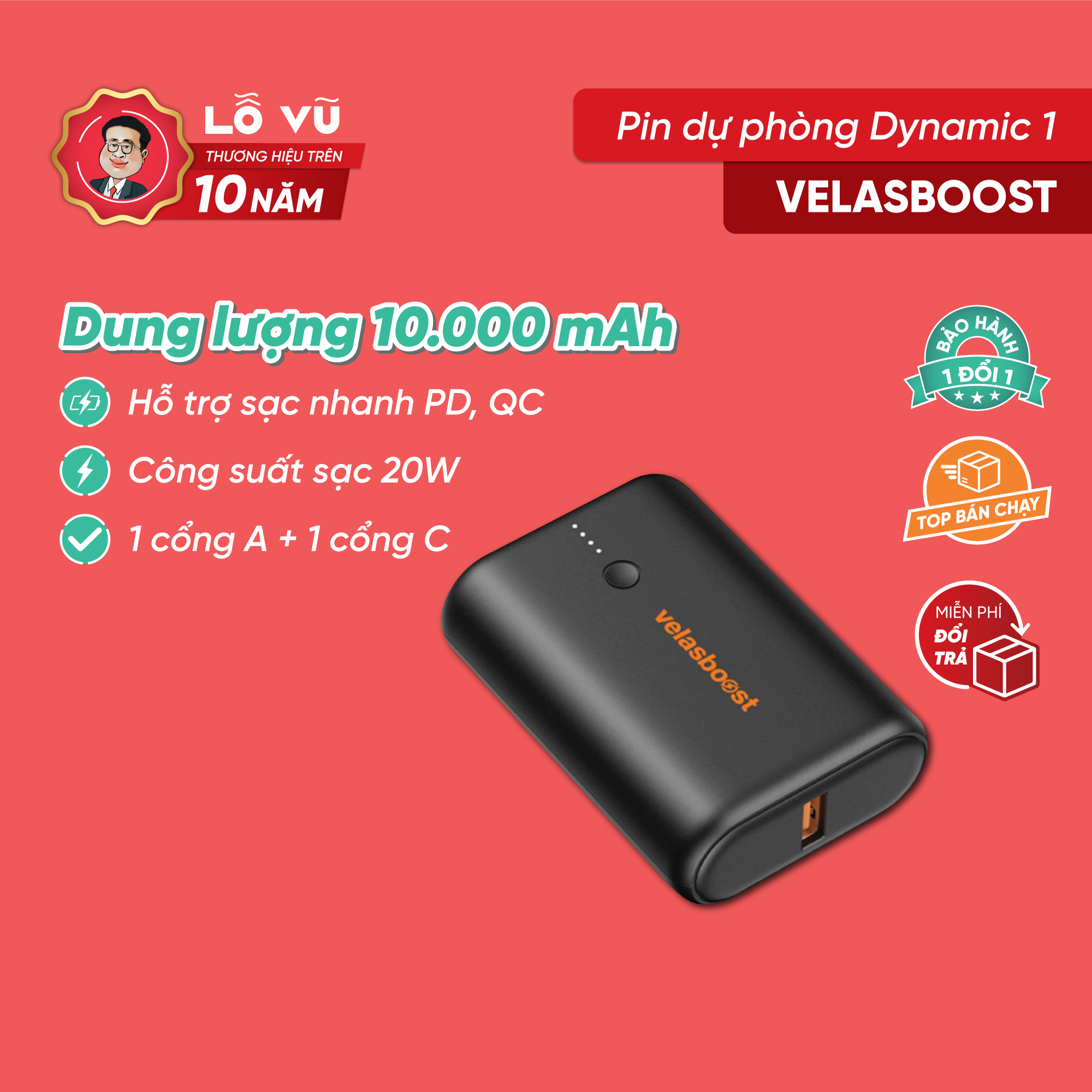 Pin dự phòng velasboost dynamic 1, 10000 mah, lõi pin tesla 21700