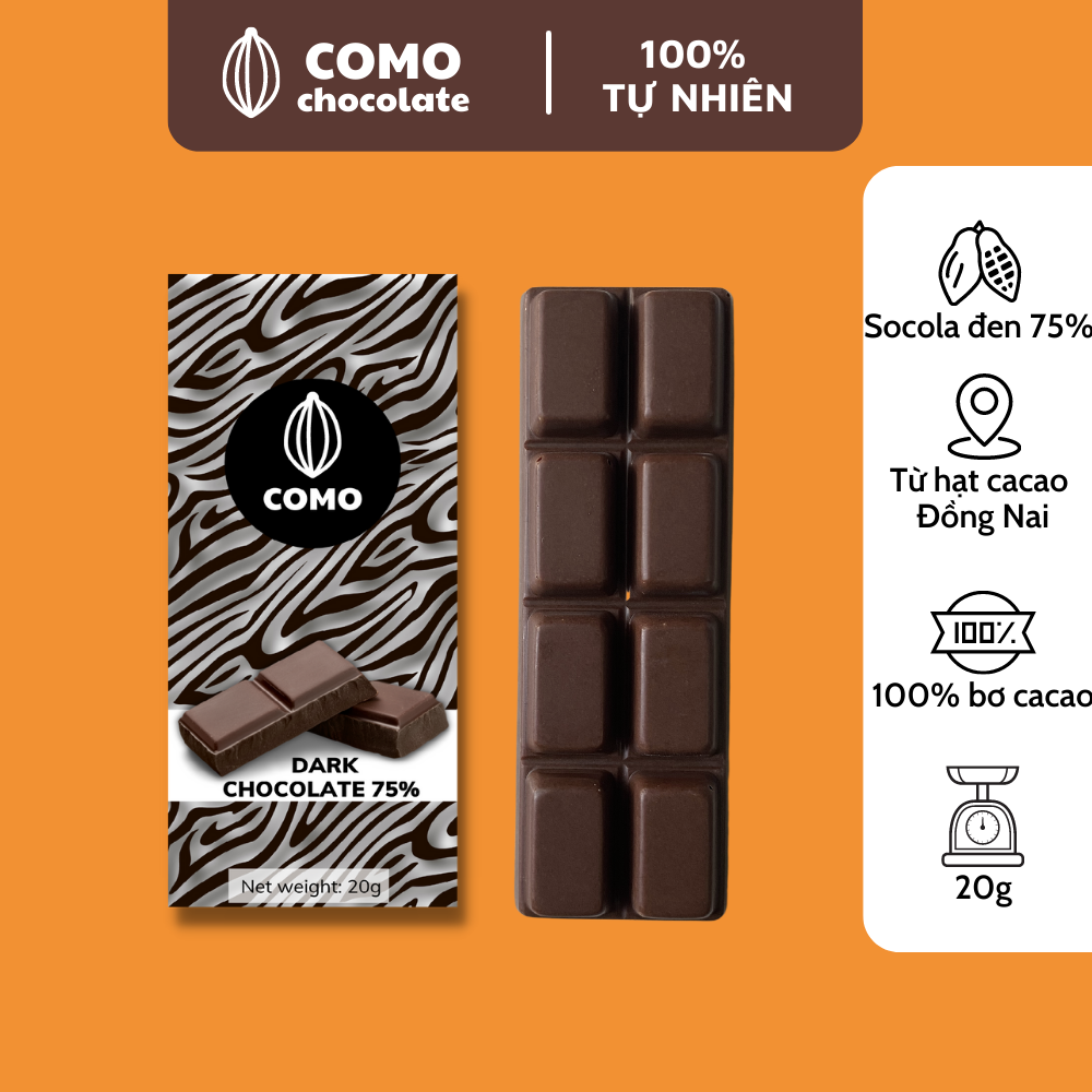 Socola đen 75% thanh 20g Como Chocolate đậm vị hỗ trợ giảm cân, đồ ăn vặt nội địa ngon