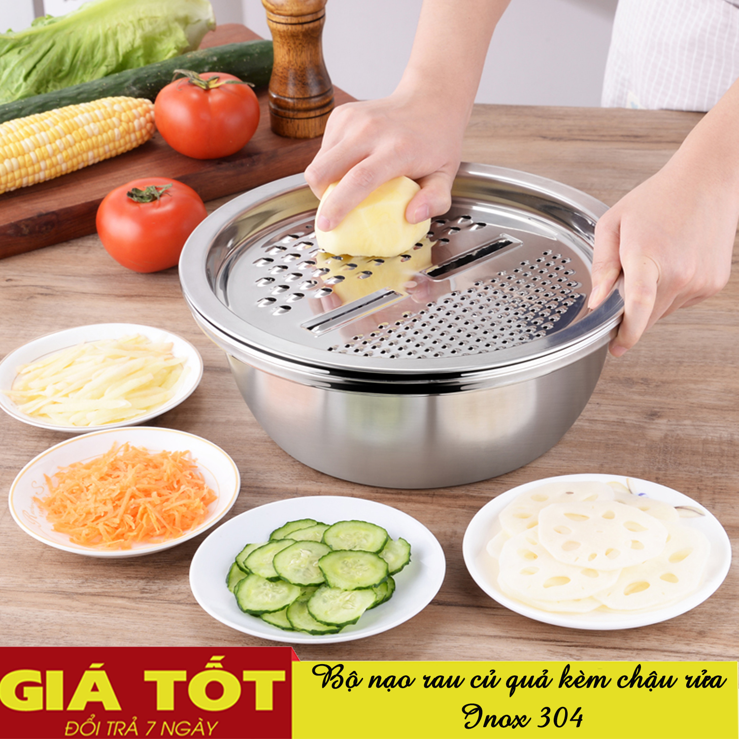 Bộ nạo rau củ, bộ nạo rau củ kiêm rổ chậu inox, Nạo rau củ Inox, dụng cụ nhà bếp, chất liệu Inox 304 an toàn, tiện dụng,Bộ bào sợi đa năng 3 trong 1