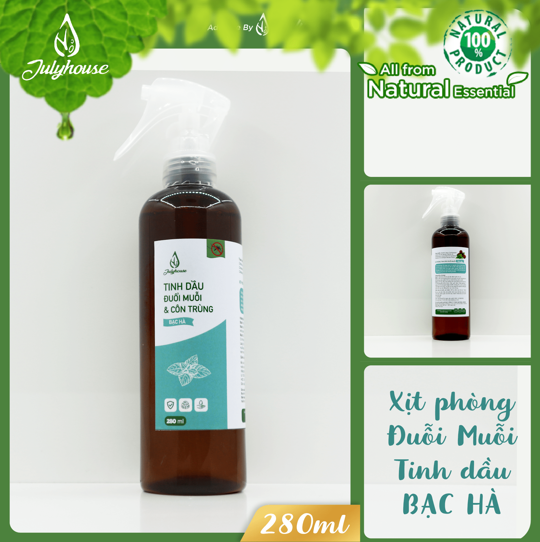 [HÀNG MỚI VỀ] Bình xịt phòng khử mùi Tinh dầu đuổi muỗi Bạc Hà 280ml JULYHOUSE - TT CIRINO