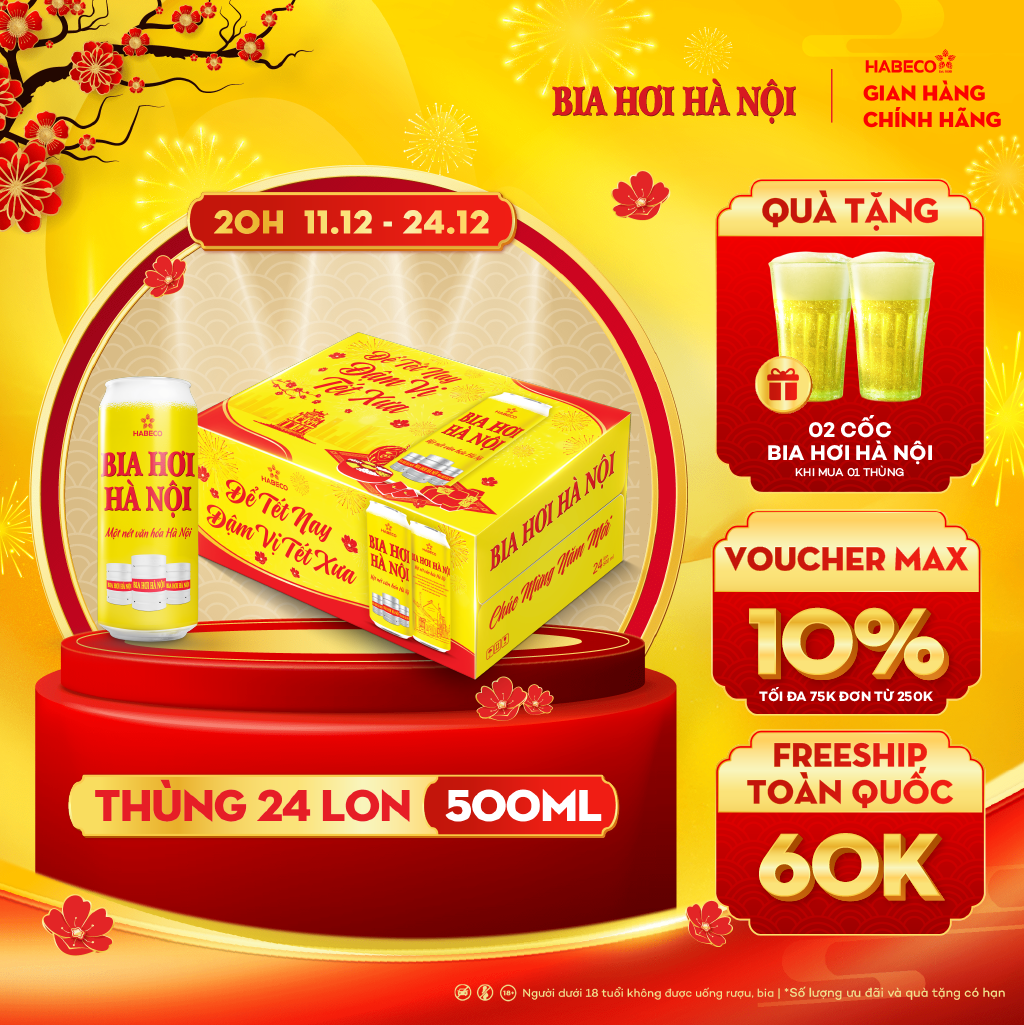 Thùng 24 lon Bia Hơi Hà Nội - HABECO (500ml/lon)