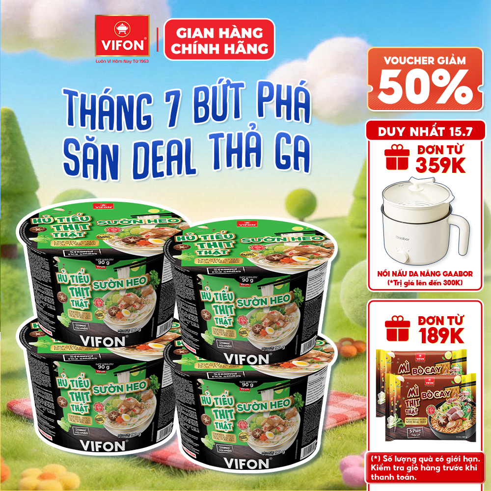 [Voucher 28% đơn từ 400K] Set 4 Tô Hủ Tiếu Sườn Heo/ Nam Vang Thịt Thật VIFON 90g Có Gói Thịt Thật Dạng Tô Tiện Lợi
