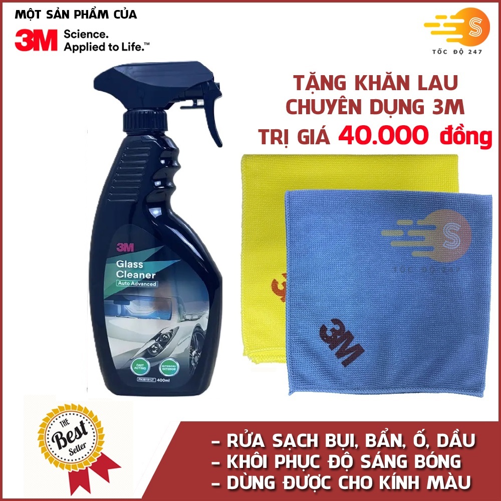 Chai xịt vệ sinh làm sạch kính, gương, đèn xe siêu sạch 3m pn38191lt 400ml - tặng kèm khăn lau 3m sq21