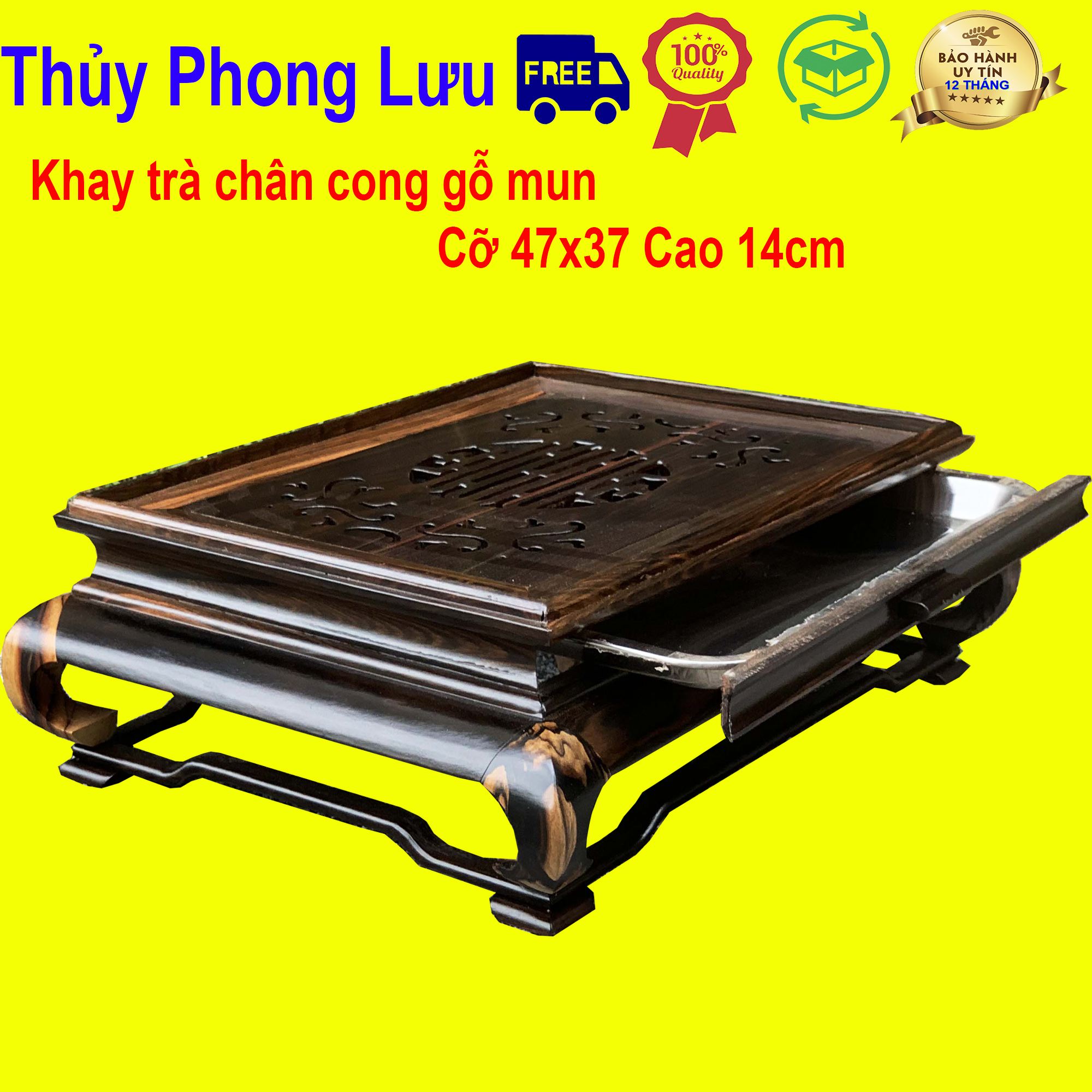 Khay trà chân cong phòng khách gỗ mun cỡ 47x37 cao 15cm