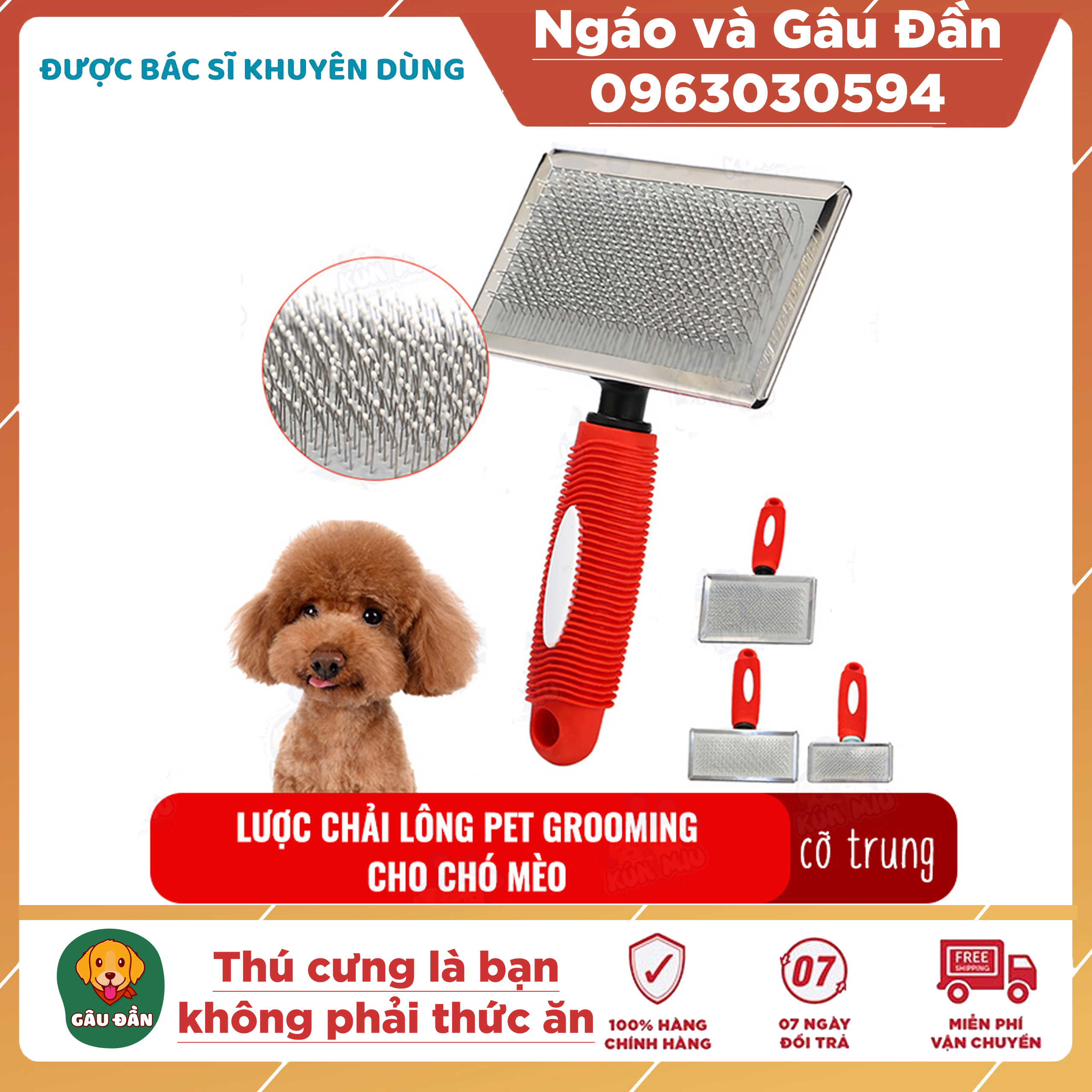 Lược chải lông cho chó mèo Pet grooming Ngáo Và Gâu Đần cỡ trung giúp làm bông lông, lấy lông chết
