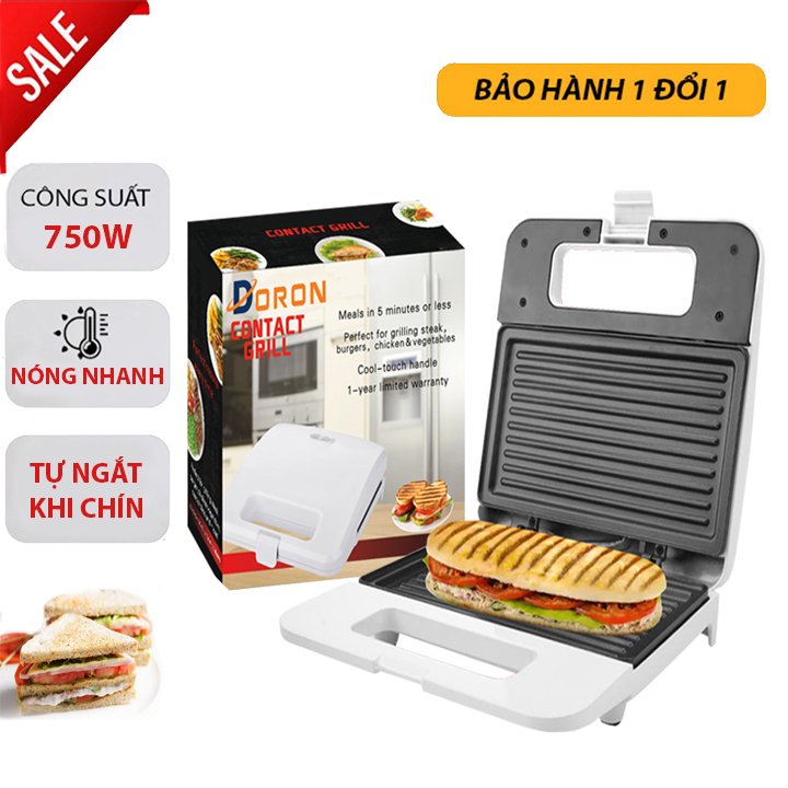 Máy kẹp nướng bánh mì DORON 750W gia nhiệt kép 2 mặt, nướng nhanh chín đều [ BH_ 6 Tháng]
