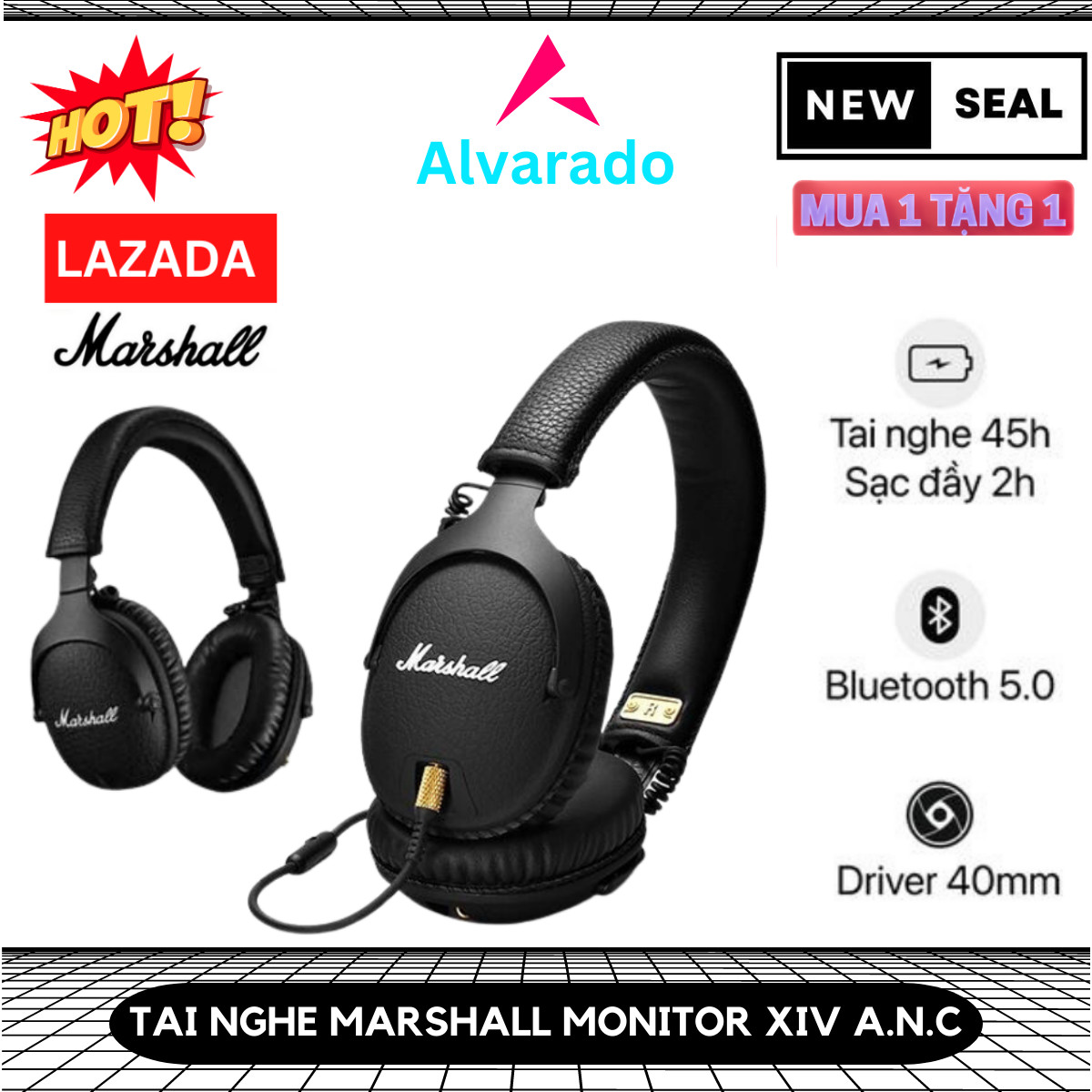 Tai nghe chụp tai headphones marshall monitor 2 anc , tai nghe bluetooth marshall monitor 2 anc , bluetooth 5.0 , âm thanh mạnh mẽ , chống ồn anc , kiểu dáng thời trang