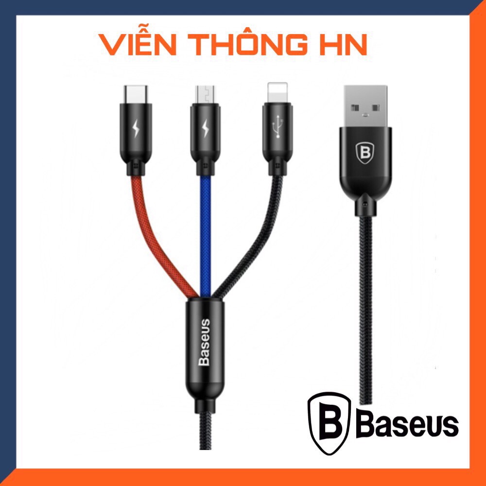Cáp sạc đa năng 3 in 1 Baseus three primary color - dây sạc 3 đầu lightning micro usb type c bọc dù chống đứt cho MÃ ĐT  ip oppo xiaomi huawei VIVO ...vv