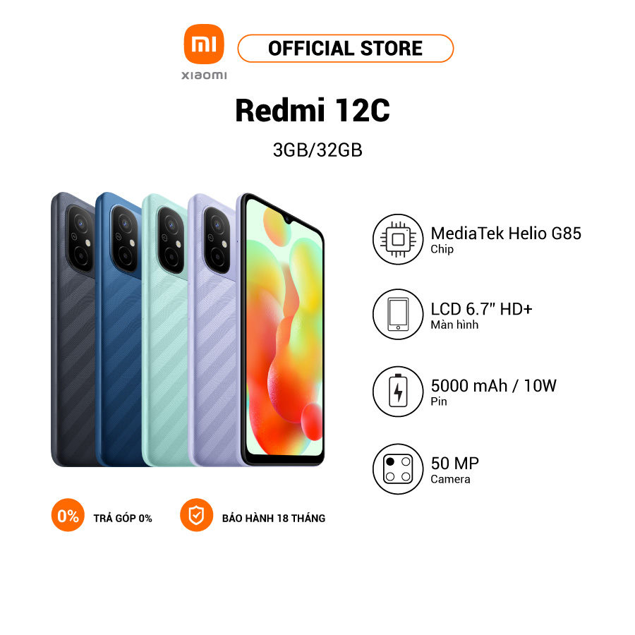 Điện thoại Xiaomi Redmi 12C MediaTek Helio G85 Camera kép AI 50MP Pin