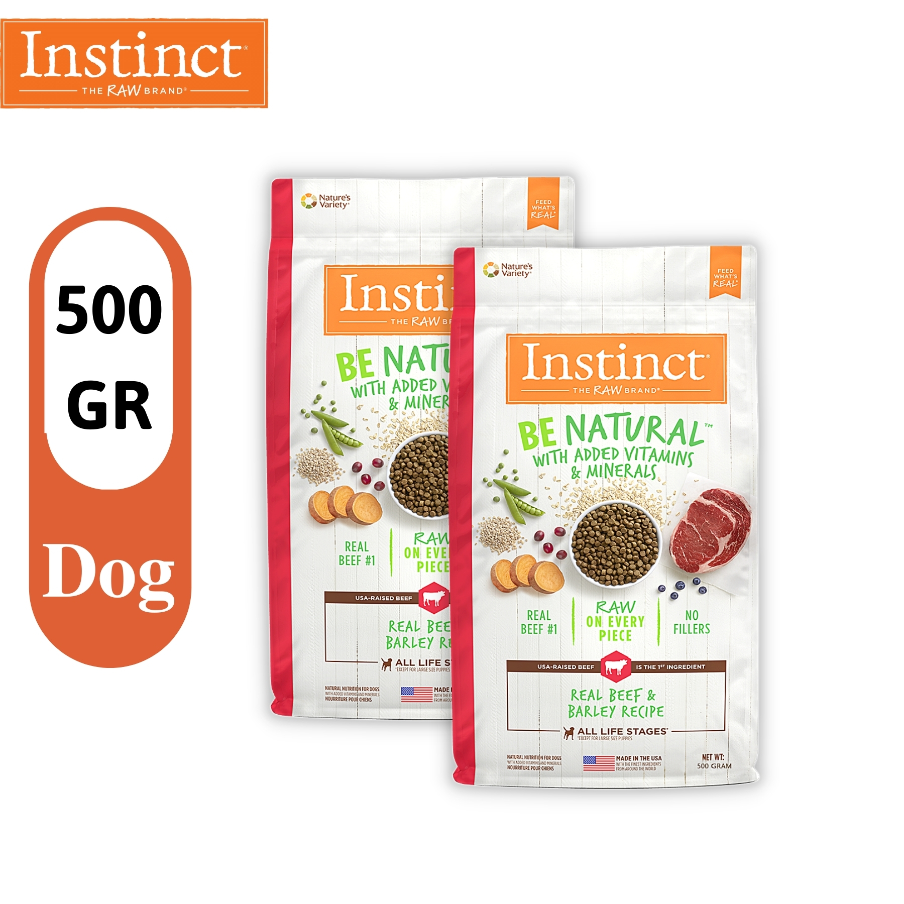 Combo 2 gói 500g thức ăn cho chó mọi độ tuổi từ thịt bò và lúa mạch instinct be natural real beef