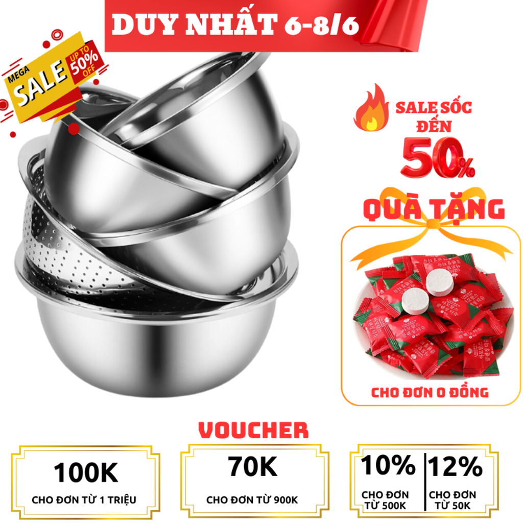 Sét thau rổ 5 món inox – Đồ dùng nhà bếp cho gia đình - Combo 5 món rổ chậu cao cấp - Bộ thau rổ inox 5 món đa năng