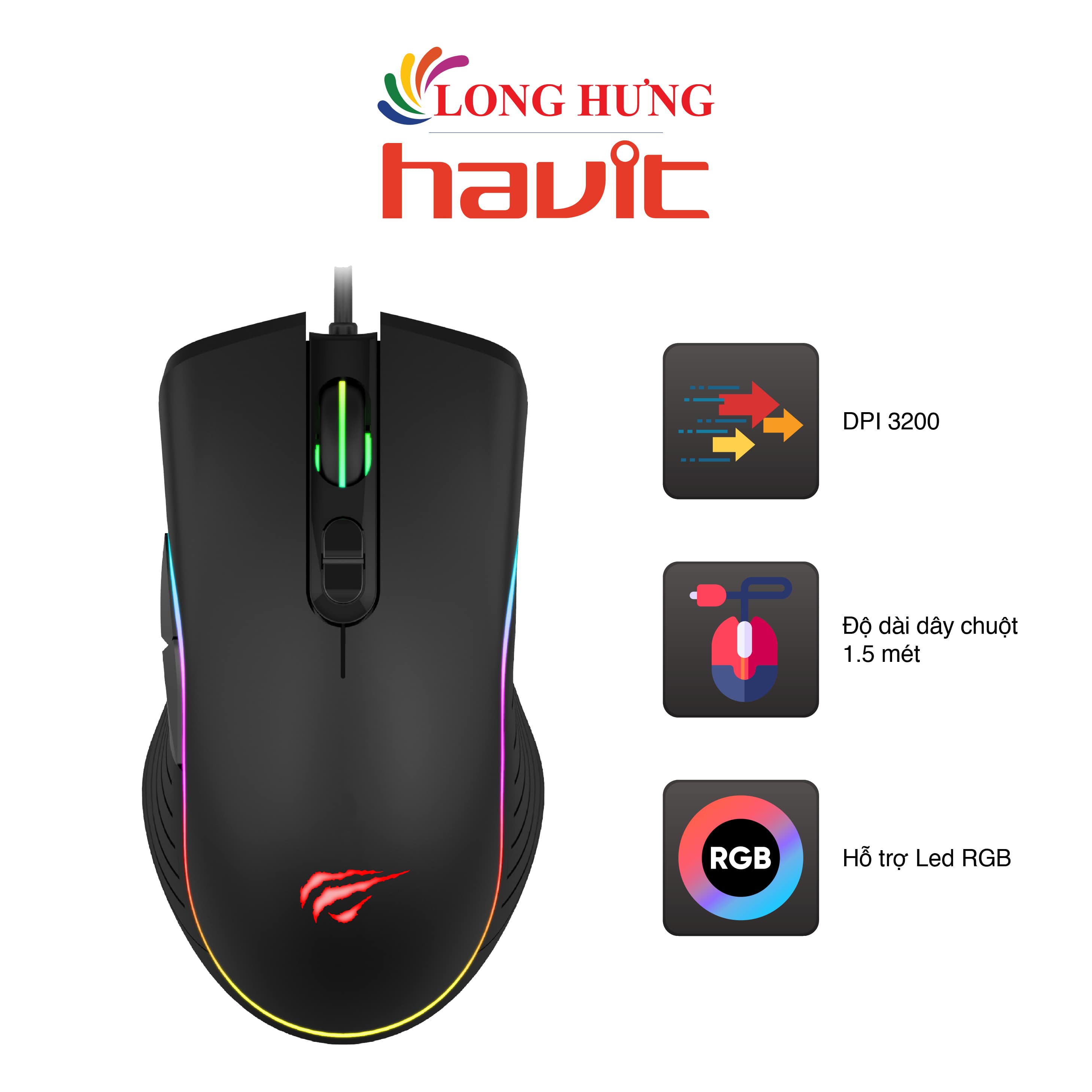 Chuột có dây gaming havit ms1006 - hàng chính hãng - dpi 800 - 3200, kiểu dáng cong thái học, led rgb đẹp mắt